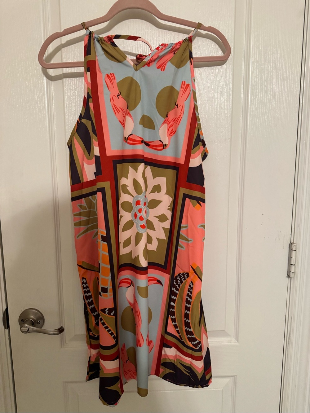 SHEIN Coral, Light Blue & Olive Graphic Halter Mini Dress